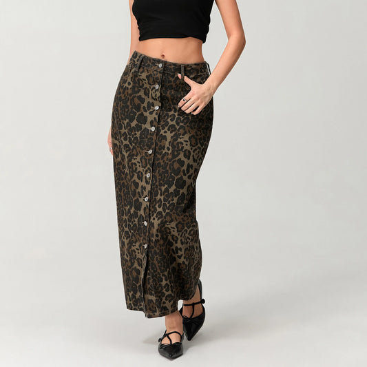 Leopard Print Button Skirt