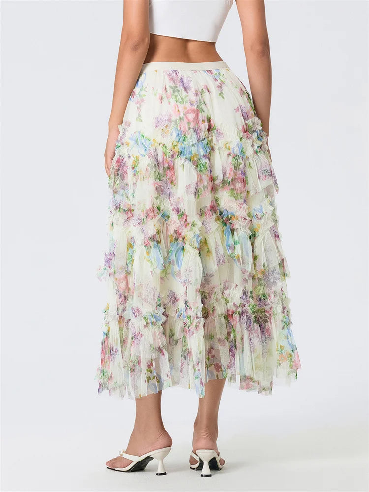 Floral Mesh Ruffle Skirt