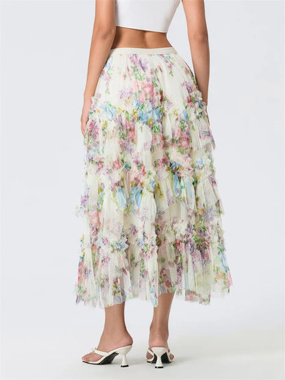 Floral Mesh Ruffle Skirt
