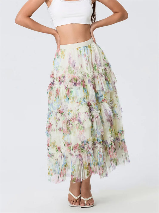 Floral Mesh Ruffle Skirt