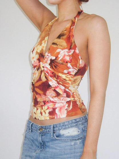 Floral Ruched V-Neck Top