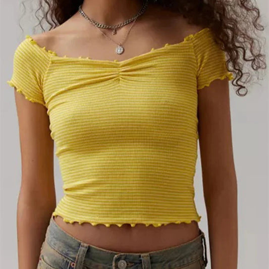 Striped Off-Shoulder Crop Tee