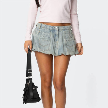 Washed Denim Bubble Mini Skirt
