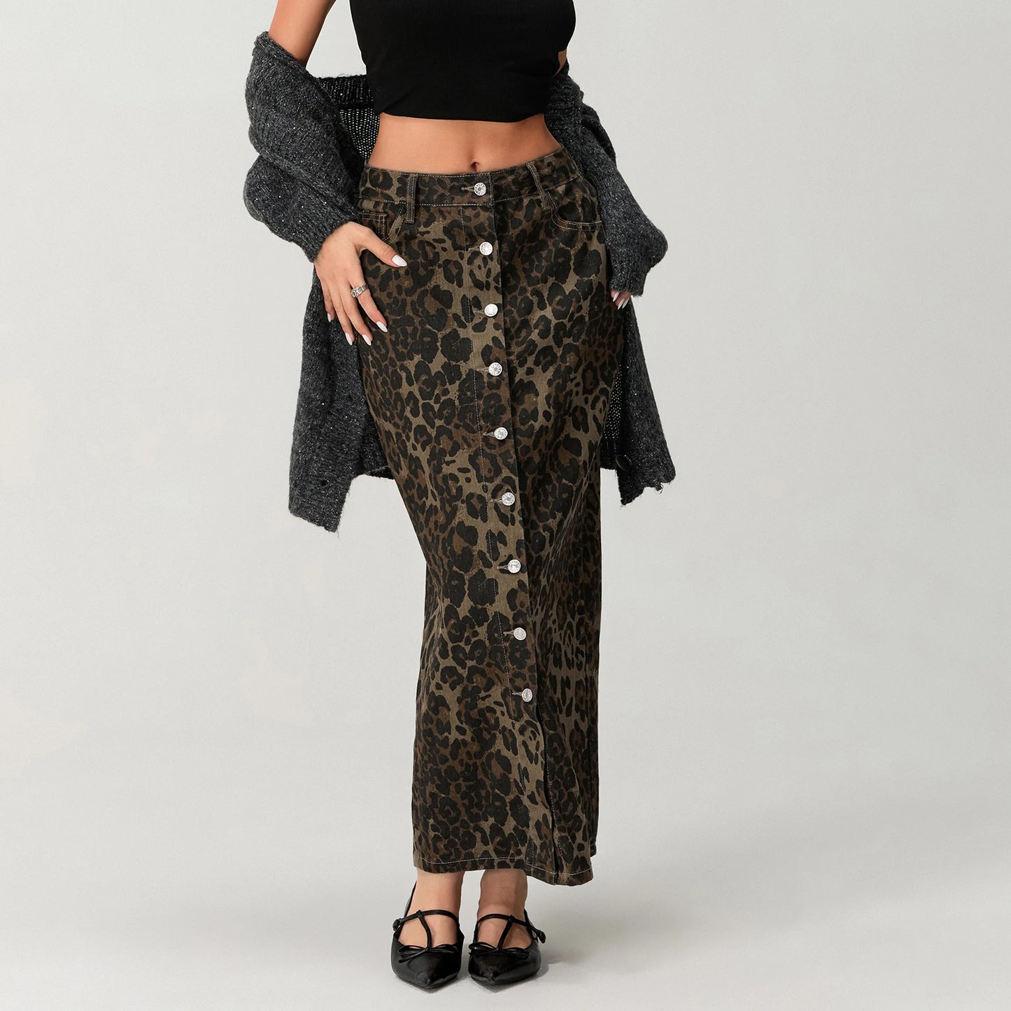 Leopard Print Button Skirt