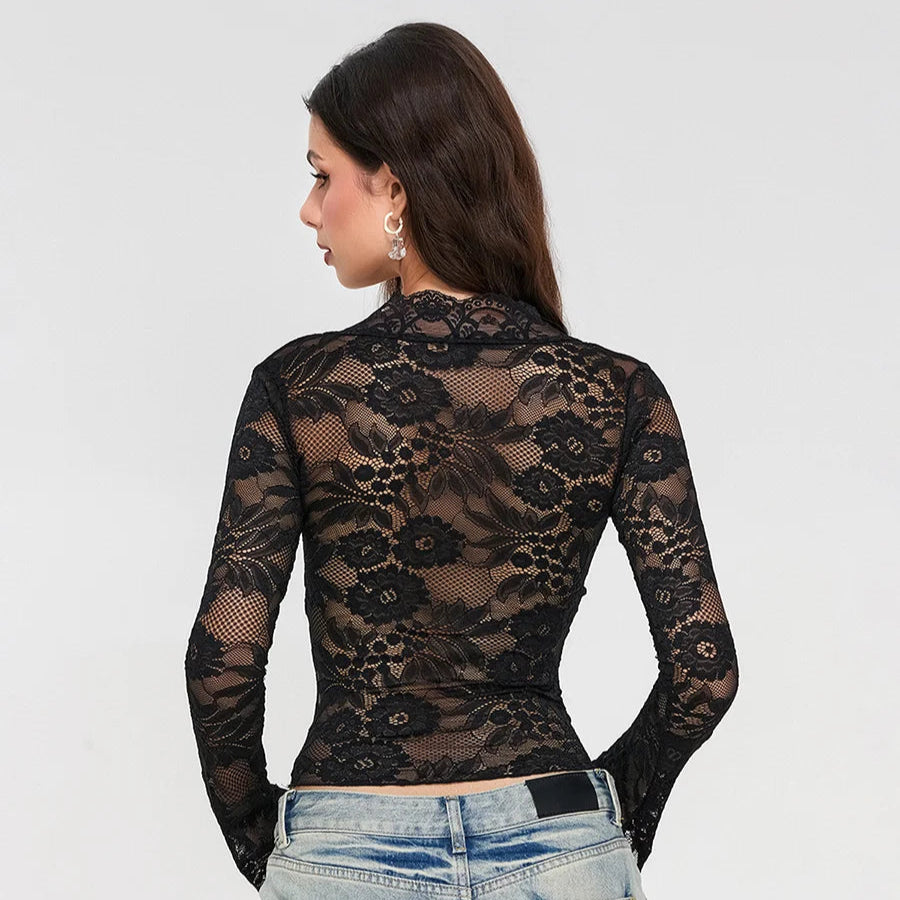 Sheer Lace Deep V Crop Top