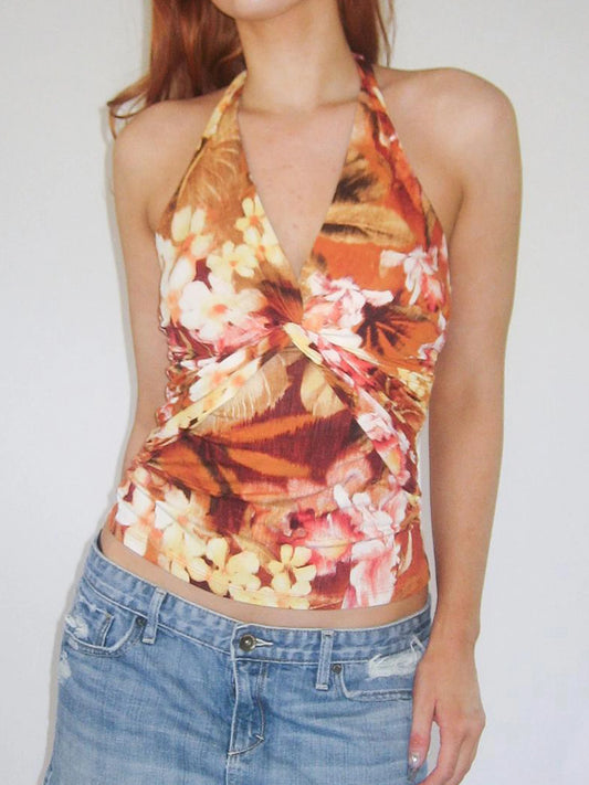 Floral Ruched V-Neck Top