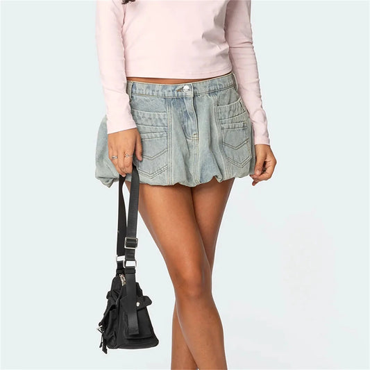 Washed Denim Bubble Mini Skirt