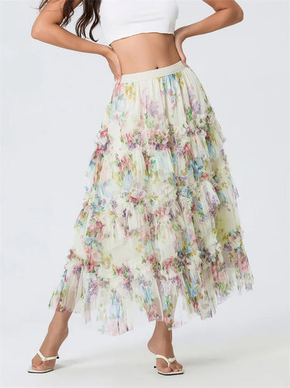 Floral Mesh Ruffle Skirt