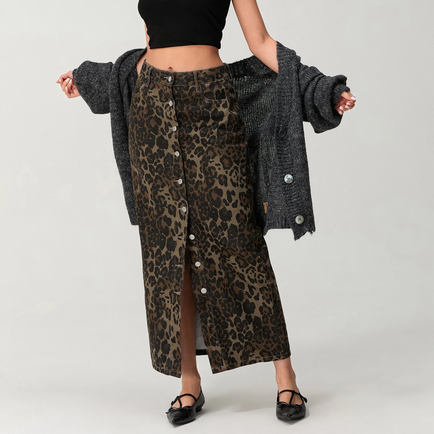 Leopard Print Button Skirt